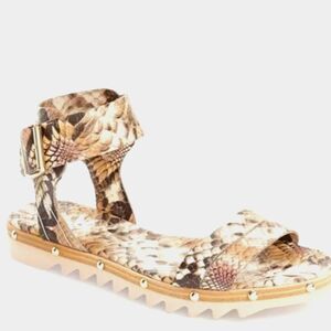 AGL Studded Sandals Ankle Strap Buckle Nude Snakeskin Leather Lug Sole 36.5 6.5